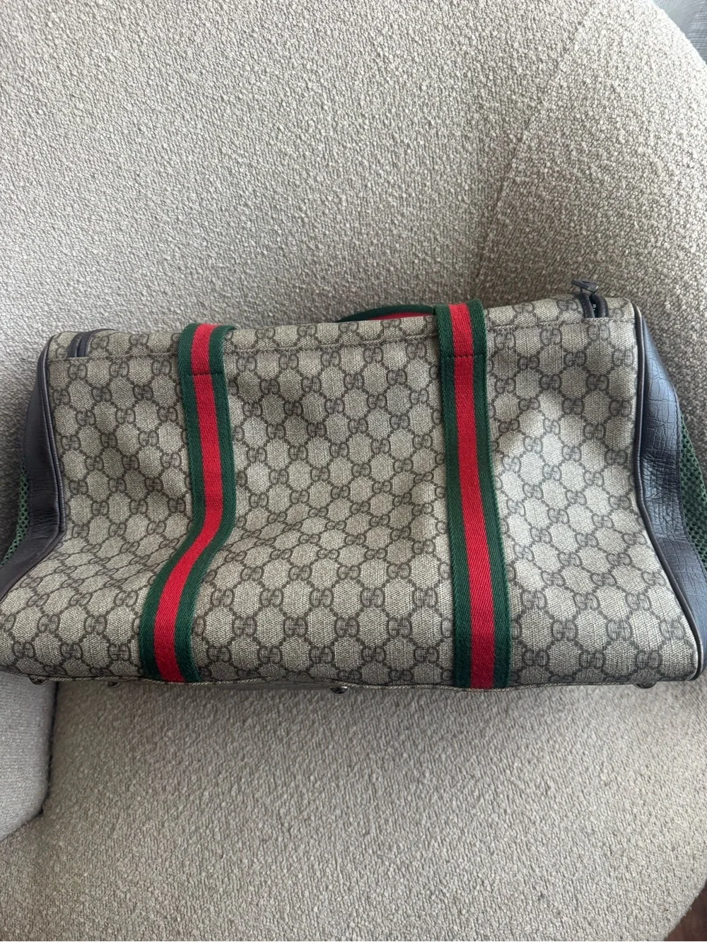 Gucci Beige Monogram Pet Travel Carrier with Green & Red Web Straps